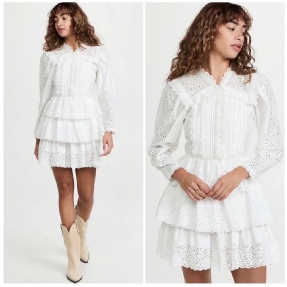 Ulla Johnson Aster Long Sleeve Tiered Ruffle Mini Dress White - Picture 2 of 12